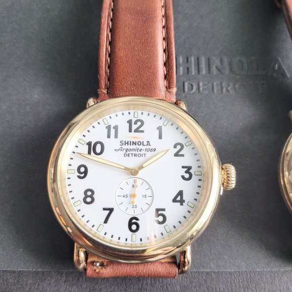 His Hers Watches 2 Runwell Gold 47mm 41mm Argonite 1069 Brown Leather Set New - Picture 11 of 16